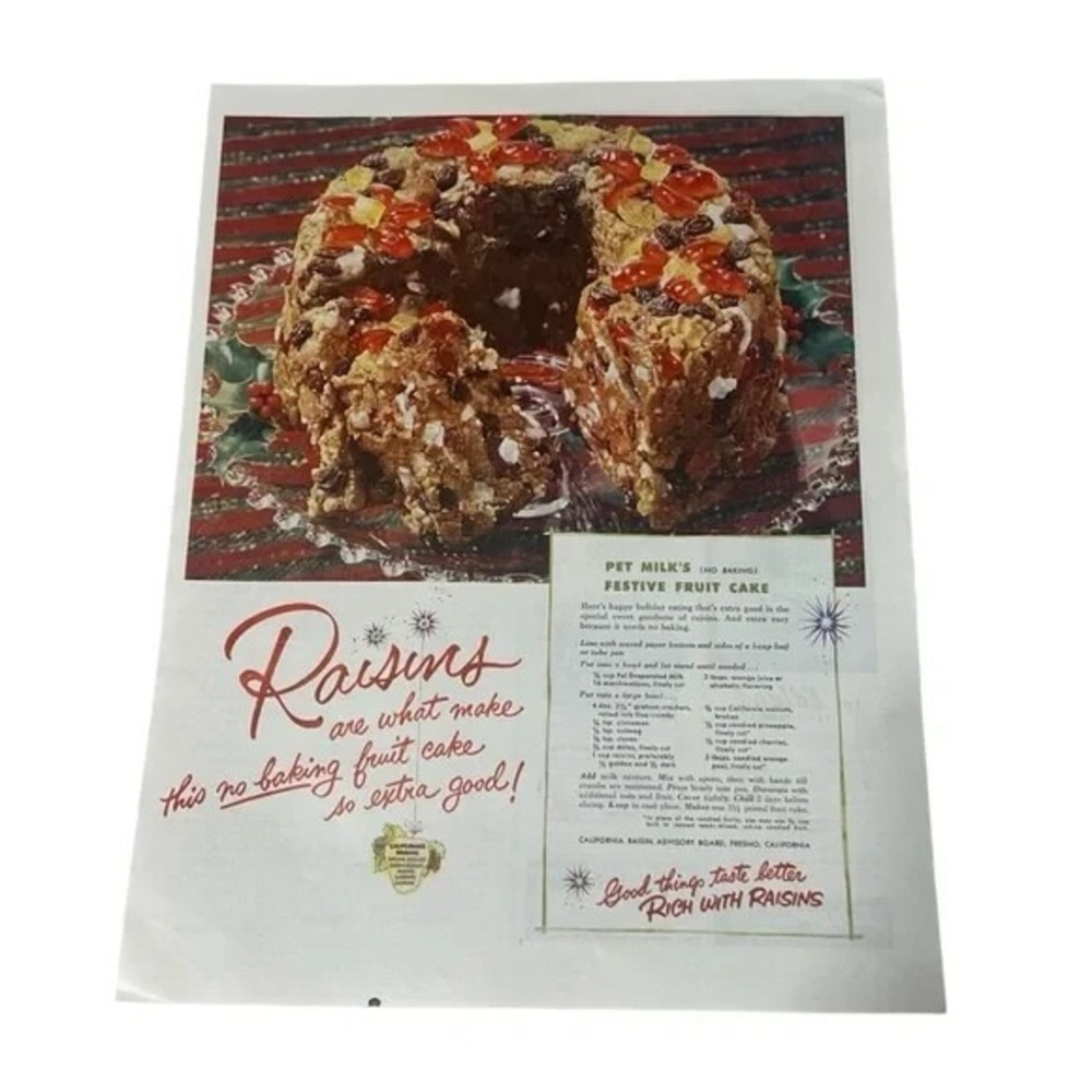 1954 California Raisins Fruit Cake Recipe Original Vintage Print Ad